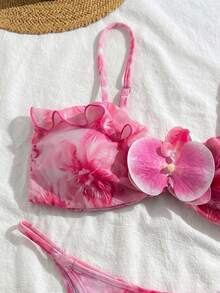 Bộ bikini 3 món dành cho nữ, in họa tiết hoa, thanh lịch, gợi cảm, hở lưng, thắt nơ, với váy hoa 3D, thích hợp mặc đi biển và nghỉ dưỡng, kỳ nghỉ xuân/hè. - Hồng - Xem 7