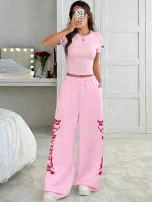 Conjunto de dos piezas básico  2026: camiseta corta ajustada manga corta + pantalón ancho holgado negro, ideal para verano y uso diario casual - Rosa 4 - Ver 1