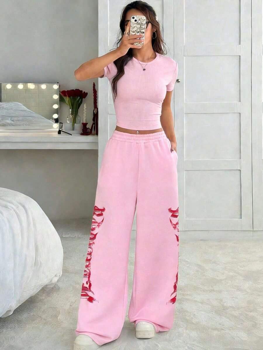 Conjunto de dos piezas básico  2026: camiseta corta ajustada manga corta + pantalón ancho holgado negro, ideal para verano y uso diario casual - Rosa 4 - Ver 1