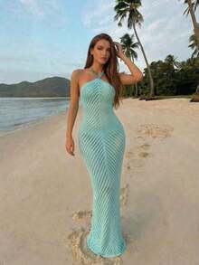Vestido de tirantes con decoración de perlas falsas para mujer, vestido holgado con cordones azules, vestido lápiz de estilo bohemio.Adecuado para salidas a la playa, vacaciones casuales, festivales de música, fiestas en la playa y eventos de cóctel en verano - verde menta - Ver 7