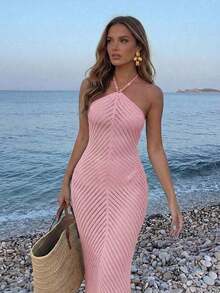Vestido de tirantes con decoración de perlas falsas para mujer, vestido holgado con cordones azules, vestido lápiz de estilo bohemio.Adecuado para salidas a la playa, vacaciones casuales, festivales de música, fiestas en la playa y eventos de cóctel en verano - Rosa - Ver 8