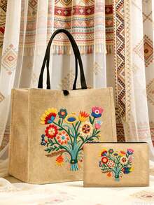 Bohemian Retro Floral Handbag Set, Handbag And Wallet Set, Decoration, Mexican Style Print Including Handbag And Coin Purse - Multicolor - View 1