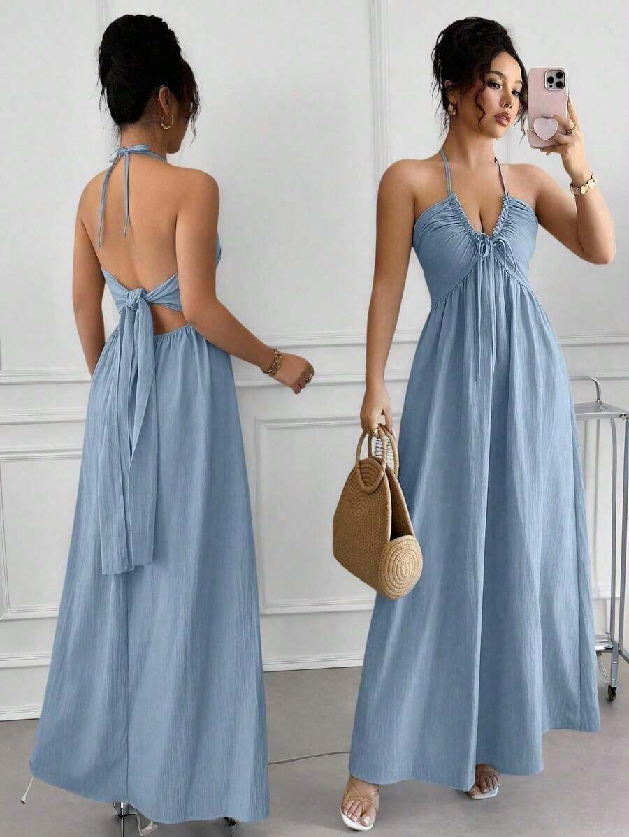 Vestido línea A con escote halter, cordones y espalda descubierta - Azul - Ver 1
