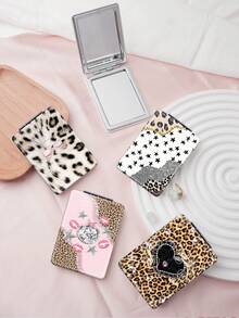 1PC Millennium Y2K Style Sweet Series Vanity Mirror, Foldable Lightweight Ultra-Thin Convenient Hand Mirror, PU Leather, Suitable For Multiple Scenes And All People, Small Mirror For Carrying, Pocket Mirror, Cartoon Ins Style Unique Leopard Print Star Pattern, Suitable For Various Occasions, Travel, Party, Work, School - Multicolor - View 2