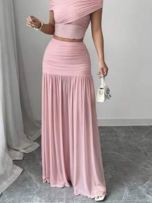 Spring Summer Autumn New High Waist Ruched Extra Long Skirt, Vacation & Commute Outfit - Pink - View 2