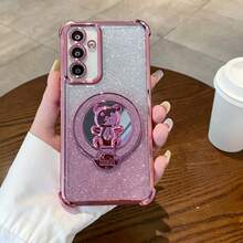 Glitter Magnetic Bear Makeup Mirror Stand, Hidden Multi-Function Foldable Stand, 4-Corner Shiny Sparkle Paper Air Cushion Anti-Drop Transparent Phone Case, Suitable For SX A57 A37/57 A123456789987654321 45G Electroplated 4-Corner Air Cushion Anti-Drop Transparent Phone Case, Suitable For Samsung/S26/S25/S24/S23/S22 Series/A Series, MT, Pixel, Suitable For , Suitable For [International Version, Not Domestic] - Pink - View 4