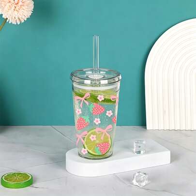 Cốc sứ 16oz màu hồng hình nơ và dâu tây dễ thương - Có thể tái sử dụng, tiện lợi, bền, kèm ống hút và nắp | Hoàn hảo để giữ nước khi làm việc, tập luyện, hoạt động ngoài trời, lễ kỷ niệm, làm quà tặng, cắm trại và sinh nhật - Bình nước mùa hè lý tưởng