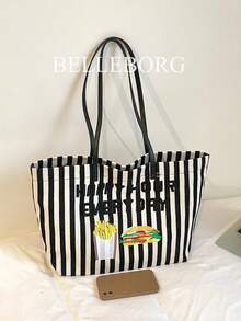 Striped Contrast Color Large Capacity Fashion Commuter Foldable Lightweight Canvas Versatile Women Shoulder Tote Bag - Black - View 8