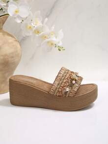 Bohemian Style Woven Thick-Soled Sandals, Starfish & Pearl Decor Beach Platform Wedge Sandals For Women - Brown - View 2