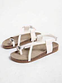Summer New Metal Decor Strap Flat Sandals For Women - White - View 6