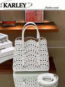 Tas Tote Wanita, Tas Tangan Berongga Terbaru Musim Panas, Tas Terstruktur Serbaguna, Tas Bahu, Tas Ember Minimalis Warna Solid Kapasitas Besar, Tas Bertumpuk - Putih - View 12