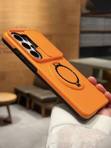 頂級霧面防震耐衝擊折疊磁吸環支架手機殼，適用於 Galaxy S26Ultra S26Plus S25Ultra S24Ultra S23Ultra S25 S24 Plus A57 A56 A55，滑動式鏡頭保護防撞邊框，支援無線充電，硬殼背蓋附尼龍掛繩 - 橘色 - 查看 4