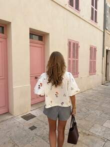 Women's Casual Vacation Floral Print Short Sleeve Blouse, Beach White Summer - White - View 4