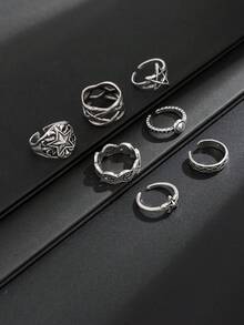 Set de 7 anillos con estilo punk de estrellas y patrones geométricos, para uso casual diario de hombres - Plata antigua - Ver 3