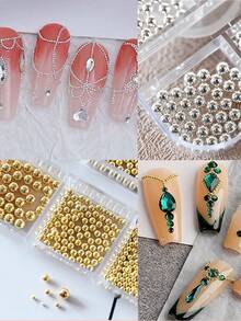 12Grids Mixed Gold, Silver, Black, Rose Gold Stainless Steel Metal Bead Nail Art Charms Mini Micro Caviar Balls,Perfect For French Nails, Press On Nails & 3D Nail Art Decorations - Multicolor - View 7