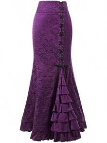 Falda larga de sirena gótica victoriana vintage para mujer, de cintura alta, con volantes, estilo cola de pez, falda lápiz maxi. - Blanco - Ver 5