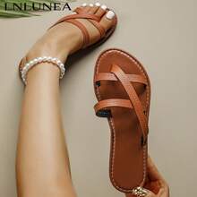 Women's Retro Toe Ring Flat Sandals, Summer Criss-Cross Strap Roman Sandals, Contrast Stitching, Casual Beach Slippers - Brown - View 15