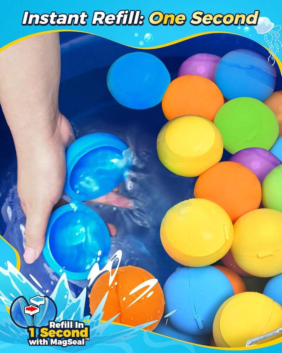 Reusable Refillable Water Balloons,Washable Magnetic Water Splash Balls,Durable Silicone Water Bomb Balloons,Summer Pool Beach Outdoor Play Toys,Bath Game Balloons For Children,Perfect Easter Basket Stuffers Backyard Party Activity Gifts - 彩色 - 查看 1