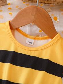 Girls' Striped Cartoon Bee Print Mid-Length Dress With Ruffle Sleeves, Lightweight Sleeveless Dress For Summer - Yellow - View 4