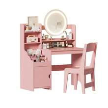 AYYDS Tocador 2 en 1, tocador infantil de princesa con taburete, armario de almacenamiento, tocador de madera para niñas, blanco, rosa - Rosa - Ver 1