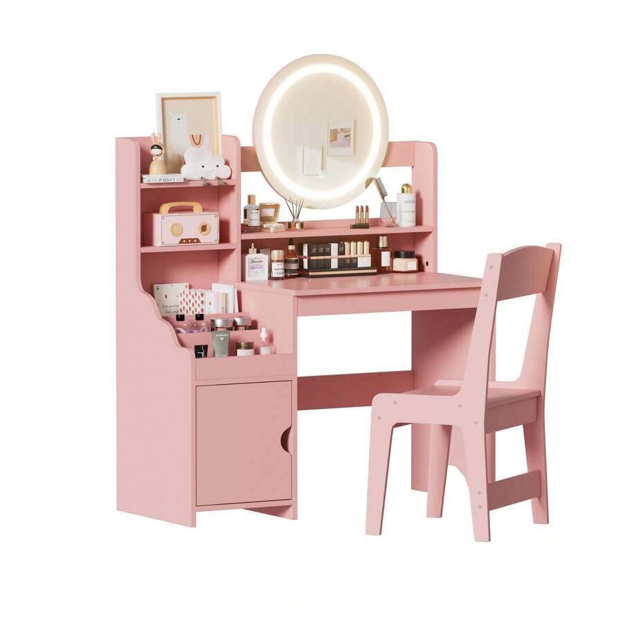 AYYDS Tocador 2 en 1, tocador infantil de princesa con taburete, armario de almacenamiento, tocador de madera para niñas, blanco, rosa - Rosa - Ver 1