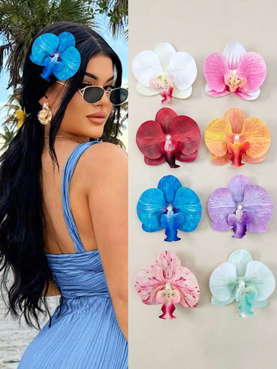 8 chiếc kẹp tóc hoa sứ Hawaii, phụ kiện tóc hoa nhân tạo nhiệt đới 8 màu, trang trí tóc phong cách Boho đi biển cho bé gái, tiệc Hawaii.