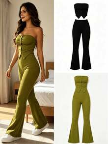 Women's 2-Piece Set: Strapless Corset-Style Top And Bell Bottom Pants In Ribbed Knit Fabric With Open Cut Design - 綠色 - 查看 3