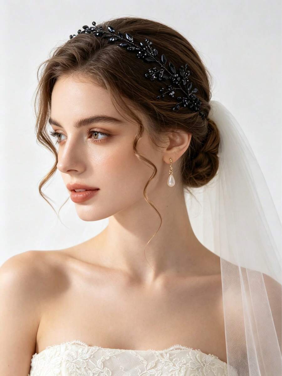 1 pièce Serre-tête feuille de cristal noir, coiffe de style gothique élégante, convient pour la mariée, le mariage, les bals, le style sombre des femmes, les accessoires capillaires, les festivals, les anniversaires - Noir - Voir 1