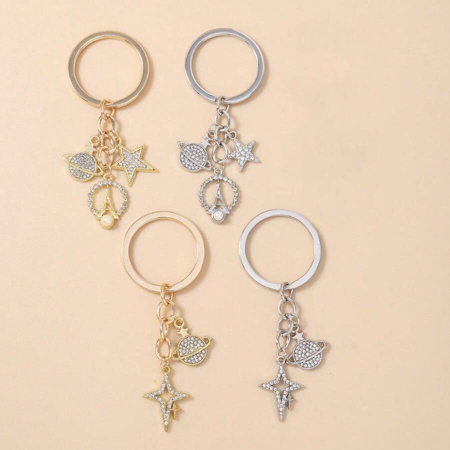 1件女士全镶钻星空行星钥匙扣，精致埃菲尔铁塔珍珠吊坠包饰，少女礼品袋配饰 - 彩色 - 查看 1
