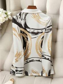 HOMEYEE Elegant Women's Knitted Long Sleeve Regular Blazer, Abstract Gold Print, Suitable For Autumn And Luxury Outfits - White - View 5