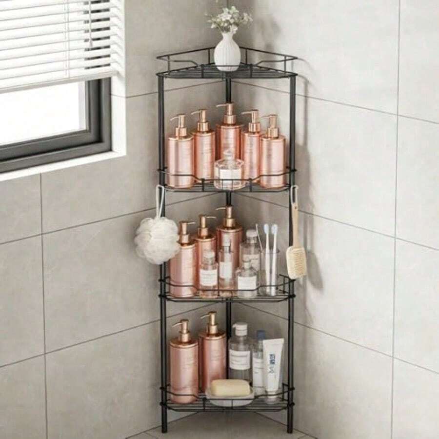 Organizador de Baño Esquinero para Regadera sin Taladro Estante de Ducha con 4 Repisas Removibles y Ajustables Fácil Instalación Revestimiento Antióxido Ideal para Esquina de Bañera y Azulejo A 7592745393698 - A - Ver 1