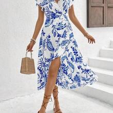 Women's Floral Printed Wrap Style Midi Dress Maxi Women Outfit - Verde - Ver 6