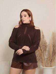 Women's High Neck Knit Blouse With Cutout Detail, Off-The-Shoulder | Elegant And Versatile Autumn/Winter Knit Sweater - 鏽棕色 - 查看 1