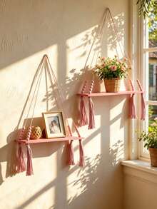 1 pieza/2 piezas Estantería colgante de macramé rosa, estantería de pared con cuerda de borlas con cuentas, estantería colgante de estilo bohemio para habitación de niñas, estantería de almacenamiento montada en la pared para dormitorio, sala de estar, interior, estantería colgante de plantas y decoración de fotos de estilo bohemio moderno, estantería de pared rosa multifuncional, elegante estantería colgante con borlas con cuentas - Multicolor - Ver 5