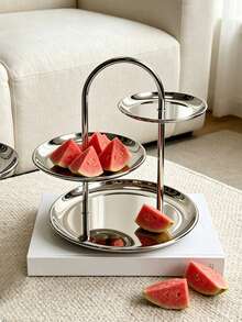 1pc Luxury Stainless Steel Mirror Fruit Plate, Niche Creative Dessert Stand, Nordic Style Stainless Steel Fruit Rack, Elegant Cake & Snack Stand, Exquisite Afternoon Tea Dessert & Snack Rack, Luxury Multi-Layer Fruit Plate Storage Tray, Living Room Coffee Table Decor, Suitable For Cafe, Restaurant, Living Room, Dessert Shop, Wedding, Party - Silver - View 5