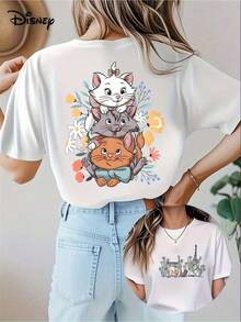 Disney Women's T-Shirt Casual Crew Neck T-Shirt - 3 Cute Cats, Roses And Eiffel Tower Printed On The Front And Back, Soft And Clean Fabric, Regular Fit Spring And Summer Tops, Spring Fashion, Cute Cat Pattern - trắng - Xem 1