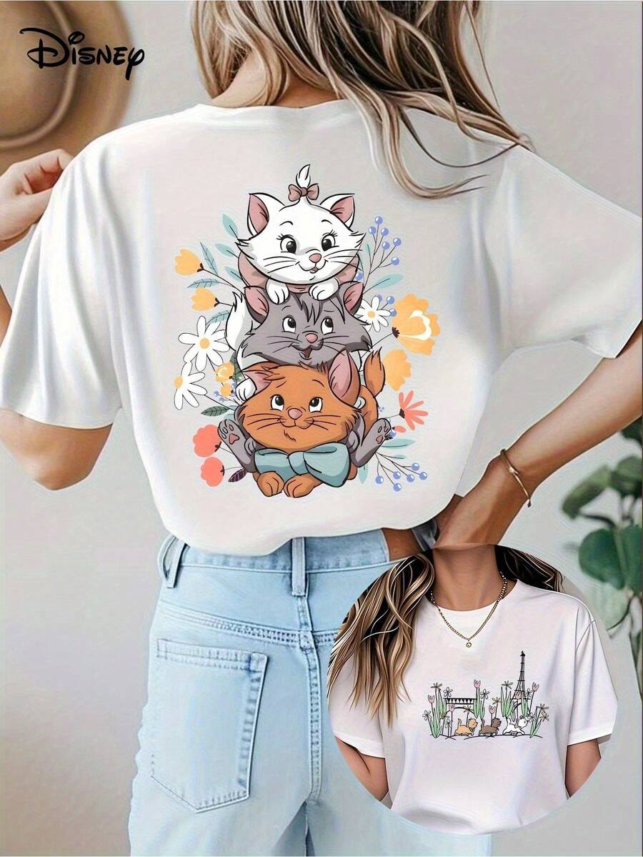 Disney Women's T-Shirt Casual Crew Neck T-Shirt - 3 Cute Cats, Roses And Eiffel Tower Printed On The Front And Back, Soft And Clean Fabric, Regular Fit Spring And Summer Tops, Spring Fashion, Cute Cat Pattern - trắng - Xem 1