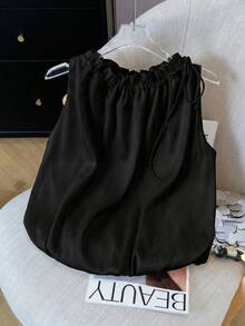 Women's French Style Black Polka Dot Satin Drawstring Loose Fit Blouson Tank Top Casual Summer - Pure Black - View 7