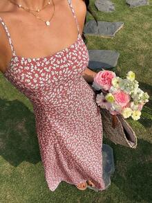 Vestido largo de tirantes para mujer, con estampado floral y diseño fruncido en el pecho. - Azul 2 - Ver 8