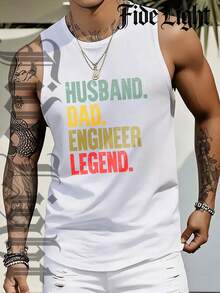 Husband Dad Engineer Legend Men's 100% Cotton Printed Sleeveless Tank Top Slightly Stretchy Crew Neck Casual Summer Vest Machine Washable - trắng - Xem 1