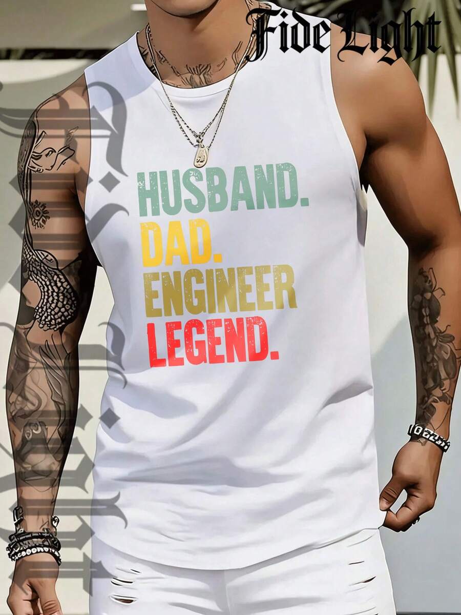 Husband Dad Engineer Legend Men's 100% Cotton Printed Sleeveless Tank Top Slightly Stretchy Crew Neck Casual Summer Vest Machine Washable - trắng - Xem 1