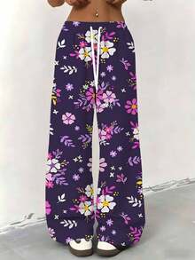 Women Straight Leg Wide Leg Pants Floral Print Purple Pink White Flowers Casual Sporty Wear 250g - Nhiều màu - Xem 1