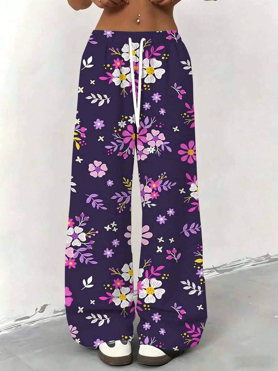 Women Straight Leg Wide Leg Pants Floral Print Purple Pink White Flowers Casual Sporty Wear 250g - Nhiều màu - Xem 1
