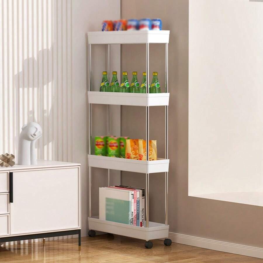 1pc 3/4-Tier Slim Mobile Storage Cart, Bathroom Movable Storage Rack, Multi-Functional Storage Shelf, Bathroom Gap Storage Rack, Bathroom Accessories - White - View 1