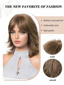 Wig Pendek Lurus 12 Inci Warna Cokelat Linen Panjang Sebahu dengan Poni untuk Wanita, Tampak Alami, Cocok untuk Pemakaian Sehari-hari dan Berbagai Acara, Ukuran Universal, Sempurna untuk Pesta, Halloween, dan Cosplay. - Linen Coklat - View 8