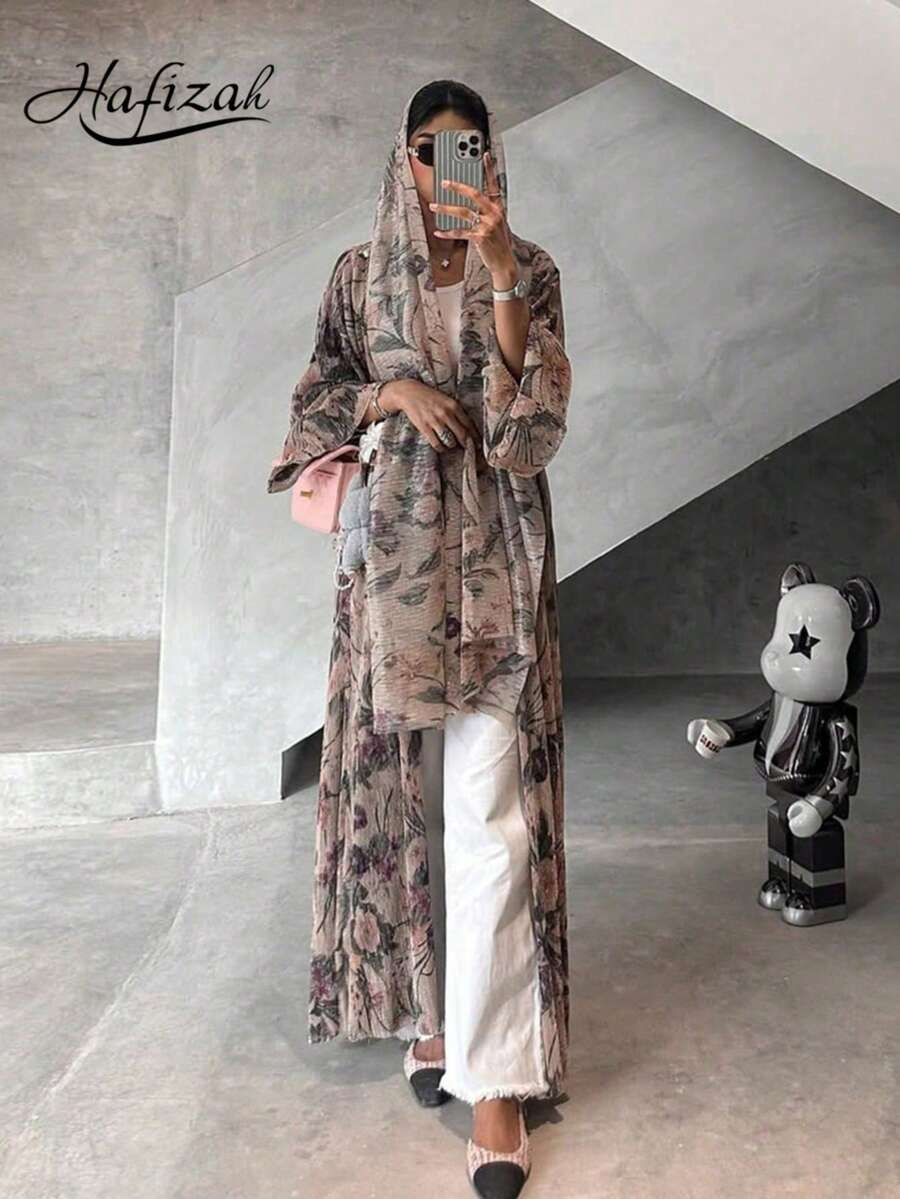 Elegant Long Sleeve Maxi Kaftan Coverup For Women, Floral Print Woven Fabric With Slight Stretch Vacation Spring - Brown - View 1