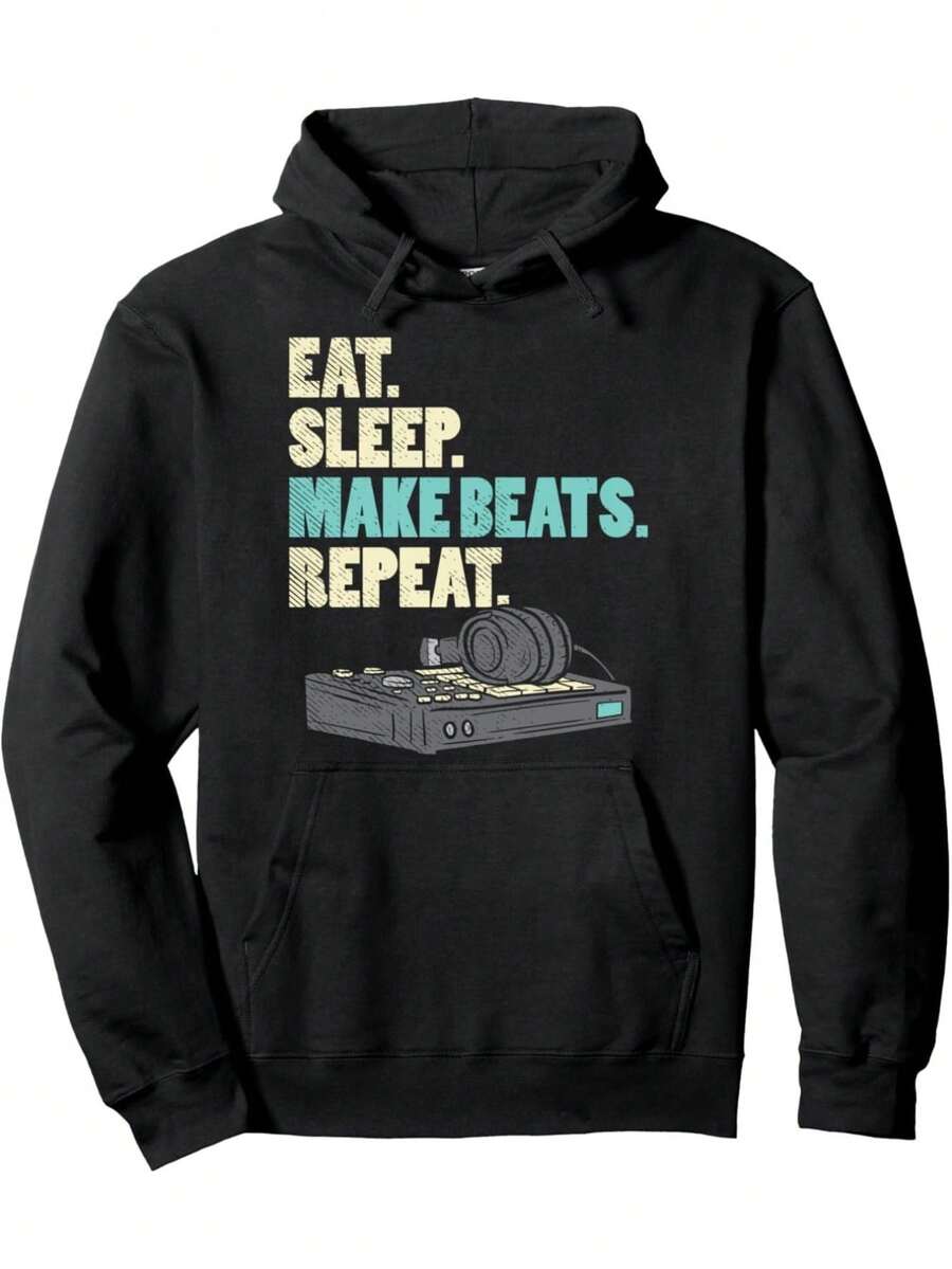 Felpa con cappuccio unisex (per uomo e donna) "MANGIA DORMI RIPETI" con grafica di attrezzatura DJ, in misto cotone, vestibilità morbida con tasca a canguro, lavabile in lavatrice per beatmaker, DJ, produttori di musica elettronica - stile urbano - nero - Visualizzare 1