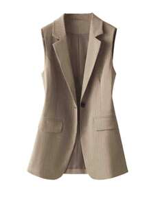 Chaleco blazer regular de mujer con parches a rayas y un solo botón, unicolor con bolsillo y botón, para uso en oficina en primavera - Caqui - Ver 3