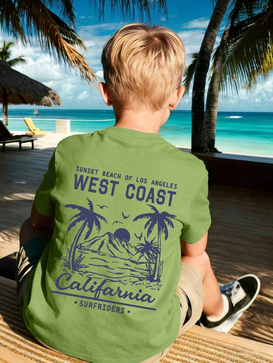 Boys' Simple Casual T-Shirt, Summer Beach Style Mountain Sea Tree Pattern Round Neck Short Sleeve T-Shirt, Young Boy New Summer Short Sleeve Top - Green - View 1