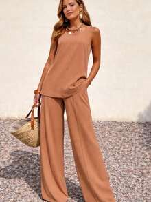 Women's Sleeveless Vest, High Waist Straight Wide Leg Trousers, Two Piece Set - Màu be - Xem 4